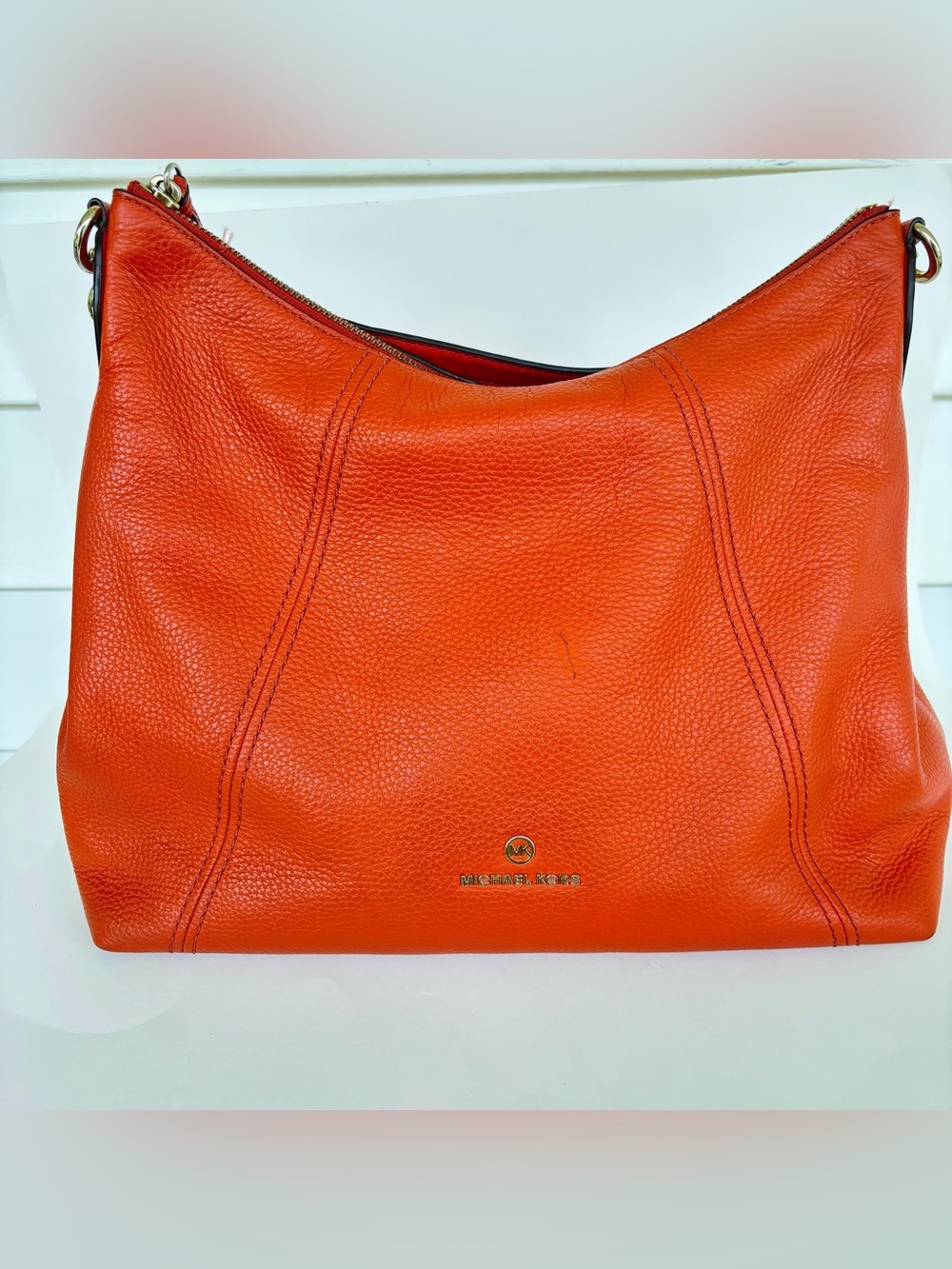 Michael Kors Orange Pebbled Leather Large Hobo Shoulder Bag Gold Tone Hardware